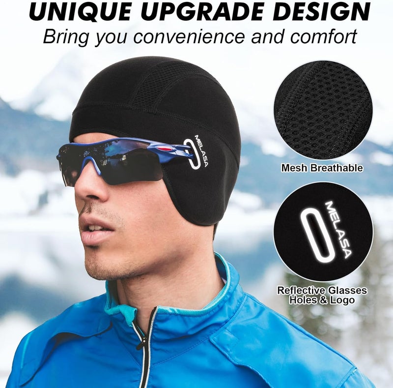 MELASA Thermal Fleece Skull Cap Beanie with Glasses Holes, Ear Warmer Helmet Liner, Winter Cycling Bike Hat for Men Women - Image 3